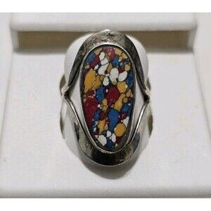 Rainbow Mosaic Jasper Vintage Style Gemstone 925 Silver Ring Size 6
